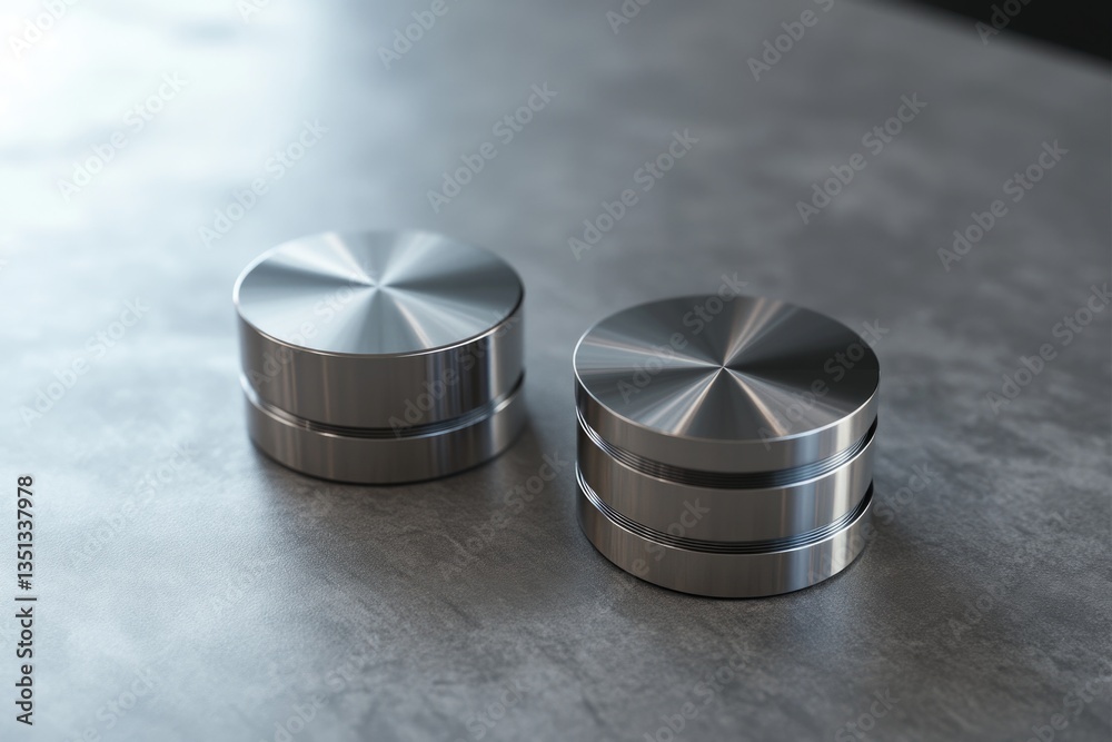Poster a pair of metal knobs sitting on a table surface, ready for use