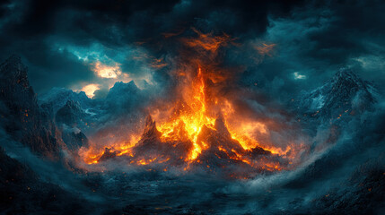 Fototapeta premium A large, menacing volcano spewing lava and smoke from its crater