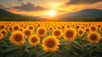 A vast sunflower field stretching across the horizon, with the sun setting in the background casting a warm glow over the vibrant yellow flowers.