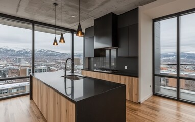 Contemporary kitchen space with a bold black theme, highlighted by warm recessed lighting, sleek stainless steel fixtures, and integrated modern appliances