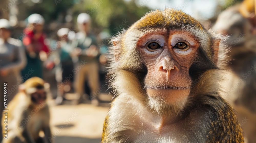Poster a close-up shot of a monkey's face with humans in the background, suitable for illustrations or conc