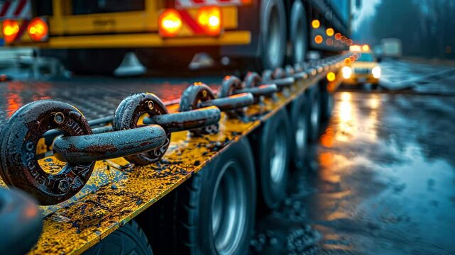 Heavy Duty Transportation: Close-up of Secure Cargo Chains on a Lowboy Trailer