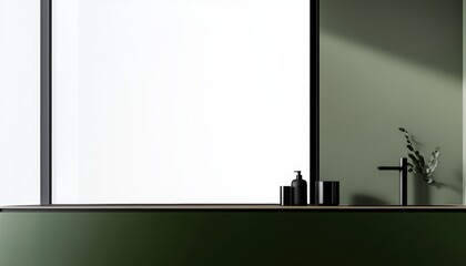 Elegant kitchen interior with stylish green cabinetry, matte black fixtures, and a minimalist wood-accented countertop