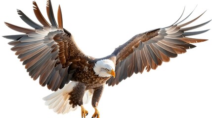 Obraz premium Majestic eagle with wings fully spread isolated on a white background highly detailed feathers and sharp eyes capturing the power and grace of this magnificent bird of prey