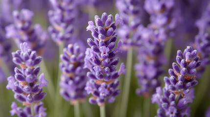 Fototapeta premium Lavender flowers with a cluster of purple blossoms in the foreground and a blurred background of more lavender flowers