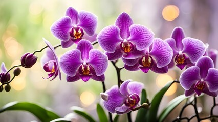 Naklejka premium Close-up vibrant purple orchids a soft bokeh background.