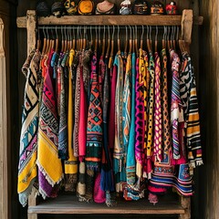 Colorful clothing display on wooden rack