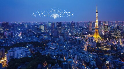 Fototapeta premium Night cityscape, network overlay