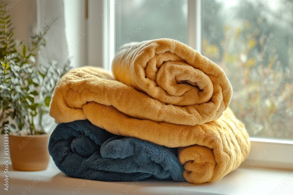 Poster A stack of towels on a window sill, ready for use