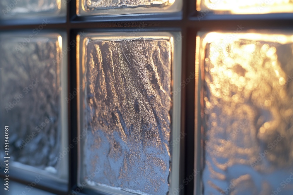 Poster a close-up view of a window with frost, perfect for winter scenes and cold climates