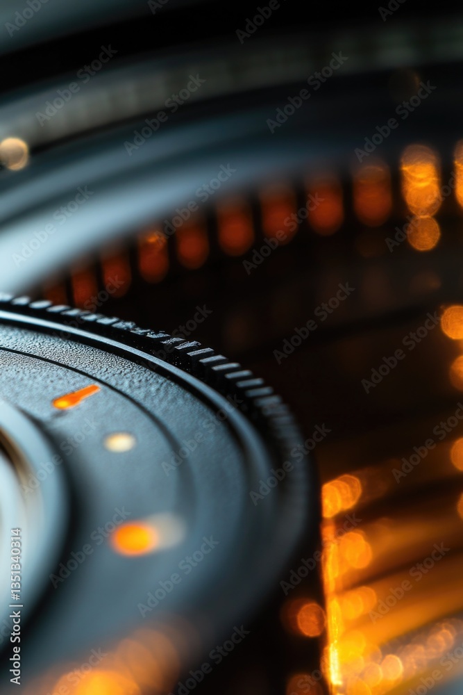 Poster a detailed shot of a camera lens with a blurred background, ideal for uses such as photography tutor