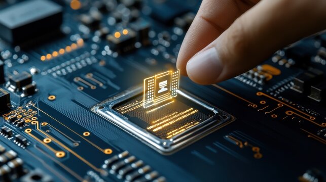 A hand is touching a computer chip