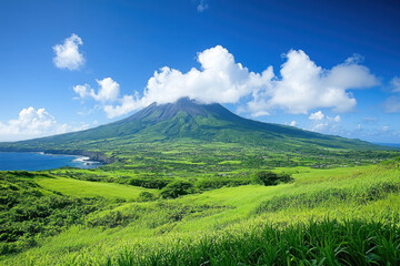 Fototapeta premium Mountains with lush green vegetation, a cloud in the sky, and a clear blue sky.