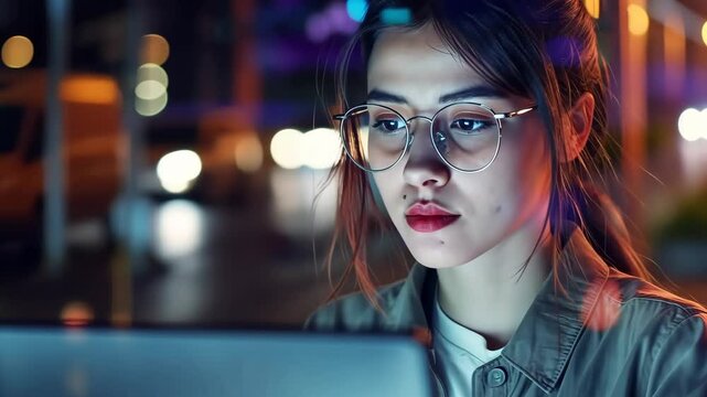 A young woman is focused on her laptop, engaged in work amidst vibrant city lights, seeking innovative solutions in technology, AI, business, and engineering, showcasing her passion for new ideas