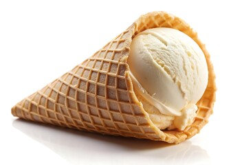 A creamy vanilla ice cream scoop nestled in a perfectly crisp waffle cone, a delightful summer treat against a bright white background.