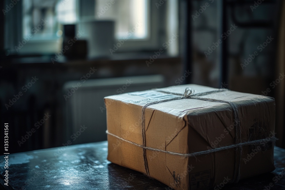 Poster a box wrapped in brown paper sitting on a table, perfect for gifting or storing small items
