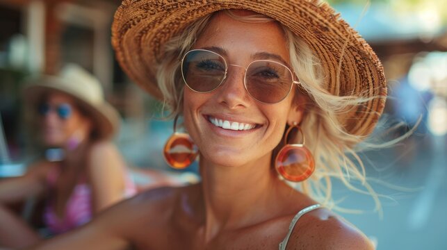 portrait of beautiful smiling caucasian blonde woman 40 years old in summer wicker hat and sunglasses being on summer vacation or traveling