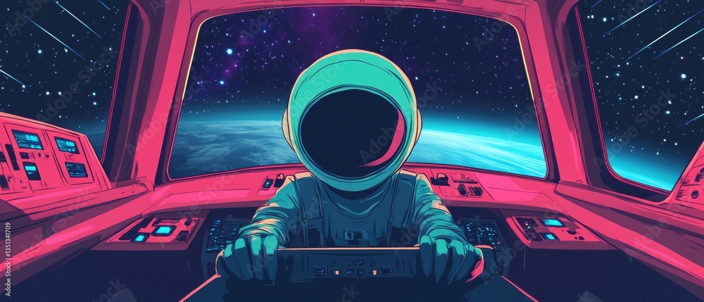Poster astronaut sits in a spacecraft with equipment and controls