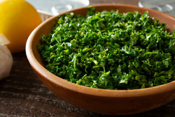 Fototapeta premium A closeup view of a bowl of gremolata.