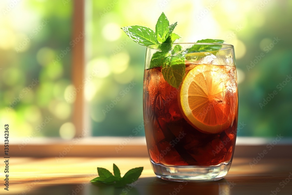 Poster a refreshing glass of iced tea served with a slice of lemon and a sprig of mint