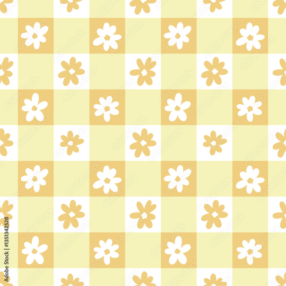 Poster yellow orange gingham plaid floral vector repeat pattern, seamless repeating tile design