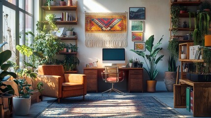 Colorful workspace with funky mismatched furniture, bohemian macram decor, lush plants, and natural sunlight streaming in, creating a lively, personalized feel, medium framing. 