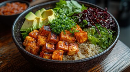 Colorful quinoa bowl with tofu and fresh vegetables