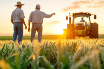 Farmers discussing agricultural strategies during sunset, golden wheat field setting, tractor working in distance, concept of teamwork, farming, rural development