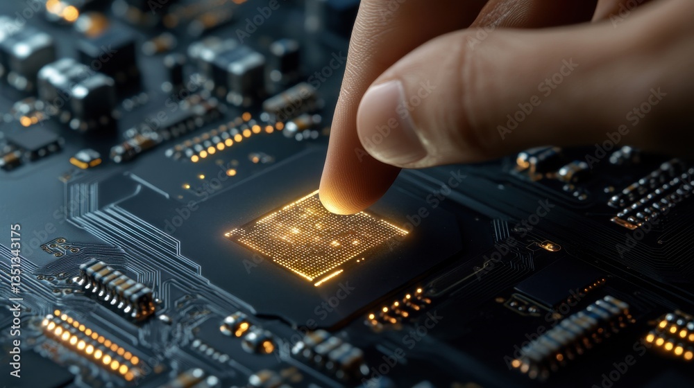 Poster a hand is touching a computer chip