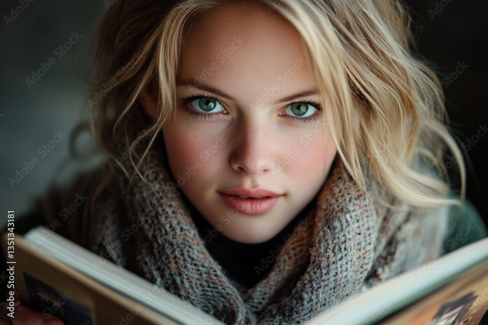 Poster a person sitting and reading a book while wearing a scarf, suitable for use in educational or relaxi