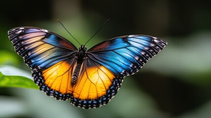 Fototapeta premium A single, intricately patterned rainbow butterfly with wings spread wide, hovering against a dark void.