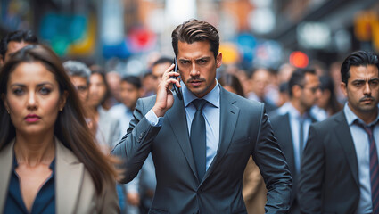A resolute businessman striding purposefully along a bustling street, engaged in a phone call amidst the blurred figures surrounding him