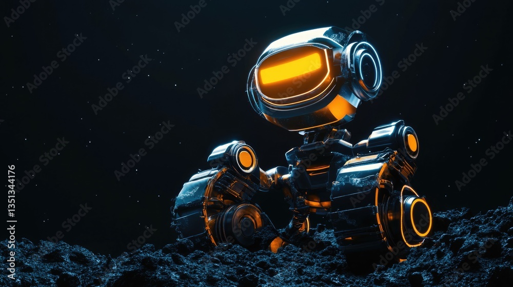 Poster a small robot sits atop a pile of rocks, ready for exploration