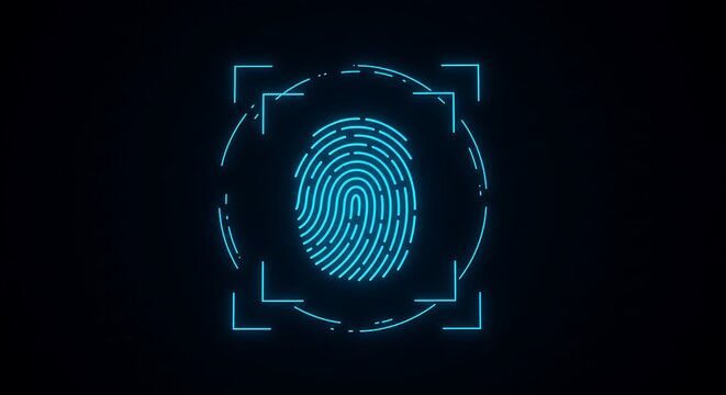 A luminous blue fingerprint scan surrounded by a geometric frame on a dark background display