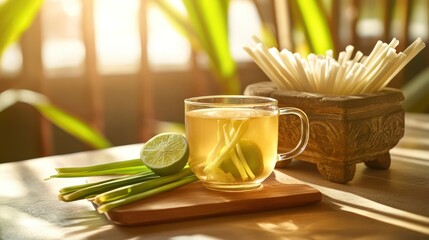 Lemongrass tea, lime, sunlight, tropical setting, healthy drink