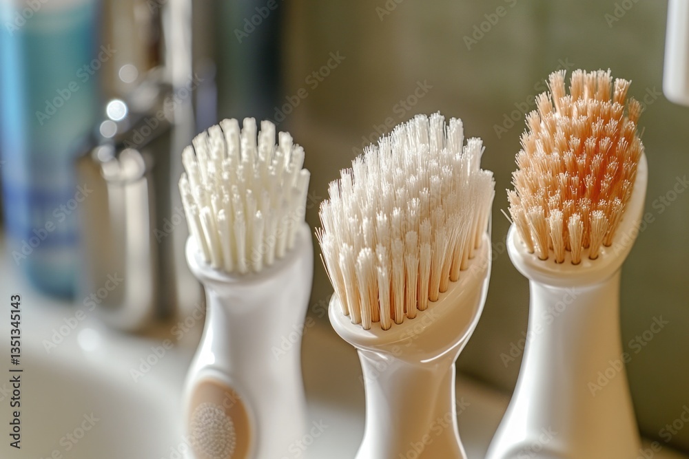 Poster three toothbrushes sit on the edge of a sink, ready for use