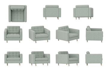 Pale Green Armchair from different angle isolated on transparent background, 3d rendered illustration