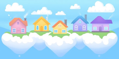 Colorful houses rest on fluffy clouds in a bright sky