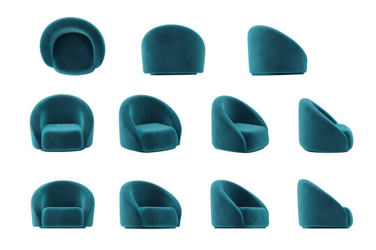 BLue Velvet Armchair Puff from different angle isolated on transparent background, 3d rendered illustration