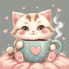 Fluffy cat in a heart-themed mug – cozy and cute