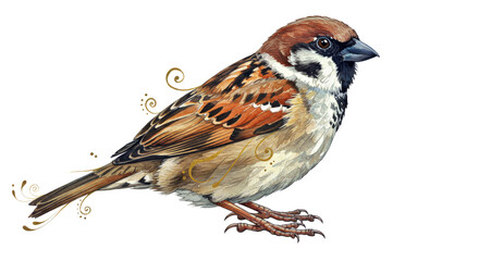 An Unusual and Creative Watercolor of a Sparrow, Infusing Standard Feather Details With Imaginative, Abstract Elements Like Small Bursts of Gold and Surreal Swirls