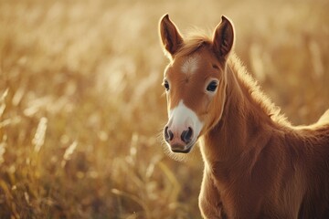 Fototapeta premium A brown horse stands on the edge of a lush green field, surrounded by nature