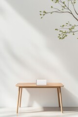 tidy classroom with single wooden desk and neatly closed notebook in center surrounded by ample negative space soft