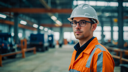 Male engineer wearing hard hat for safety working in industrial factory. Background is modern industrial factory.