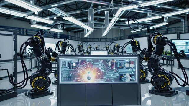 Futuristic factory with robotic arms operating around large interactive touch screen in industrial environment. Concept of AI-driven automation and robotics