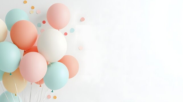 Vibrant and playful party balloons and colorful streamers floating on a plain minimalist background creating a festive atmosphere perfect for a birthday or other joyful event