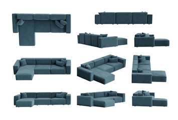 Blue Corner Sofa from different angle isolated on transparent background, 3d rendered illustration