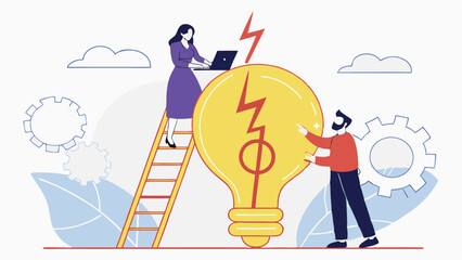 Teamwork and collaboration in business innovation, as professionals assemble a giant lightbulb puzzle, symbolizing creativity, problem-solving, strategy, and startup success 