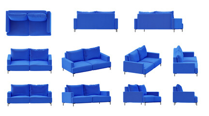 Blue Sofa from different angle isolated on transparent background, 3d rendered illustration