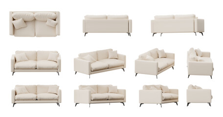 White Sofa with pillows from different angle isolated on transparent background, 3d rendered illustration